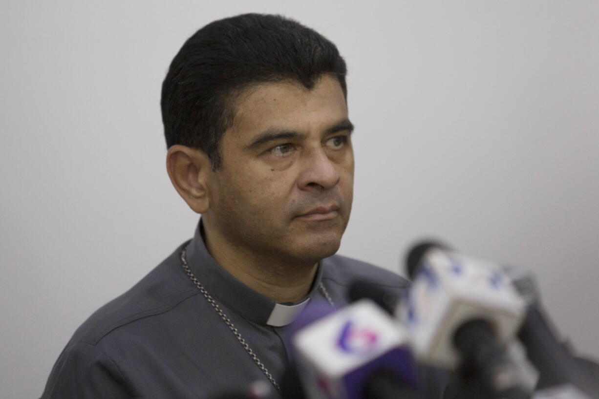 FILE - Monsignor Rolando Alvarez, bishop of Matagalpa, attends a press conference regarding the Roman Catholic Church's agreeing to act as "mediator and witness" in a national dialogue between members of civil society and the government in Managua, Nicaragua, May 3, 2018.