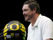 Oregon head coach Dan Lanning speaks during Pac-12 Conference men's NCAA college football media day Friday, July 29, 2022, in Los Angeles. Oregon first-year coach Lanning will be facing his former team in the Georgia Bulldogs on Saturday, Sept. 3, 2022.