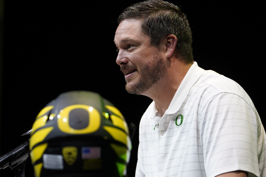 Oregon head coach Dan Lanning speaks during Pac-12 Conference men's NCAA college football media day Friday, July 29, 2022, in Los Angeles. Oregon first-year coach Lanning will be facing his former team in the Georgia Bulldogs on Saturday, Sept. 3, 2022.