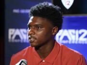 Washington State quarterback Cameron Ward speaks during the Pac-12 Conference NCAA college football media day Friday, July 29, 2022, in Los Angeles.