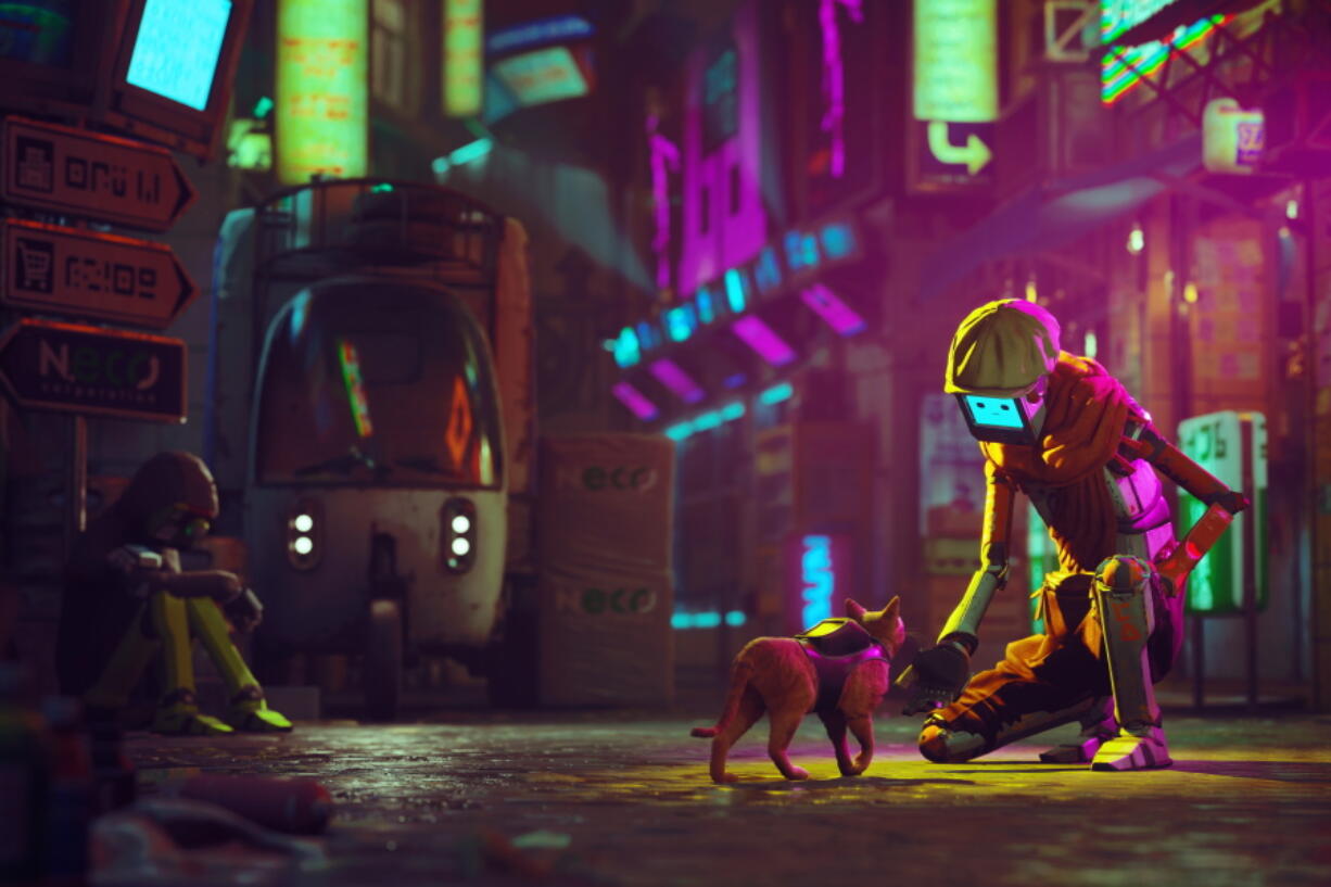 In this image provided by Annapurna Interactive, art from the "Stray" video game, developed by BlueTwelve Studio and released on July 19, 2022, is seen. The virtual cat hero from the new video game sensation "Stray" doesn't just wind along rusted pipes, leap over unidentified sludge and decode clues in a seemingly abandoned city. The popular game has resonated with cat lovers and some of them are using the game to raise money for real cats.