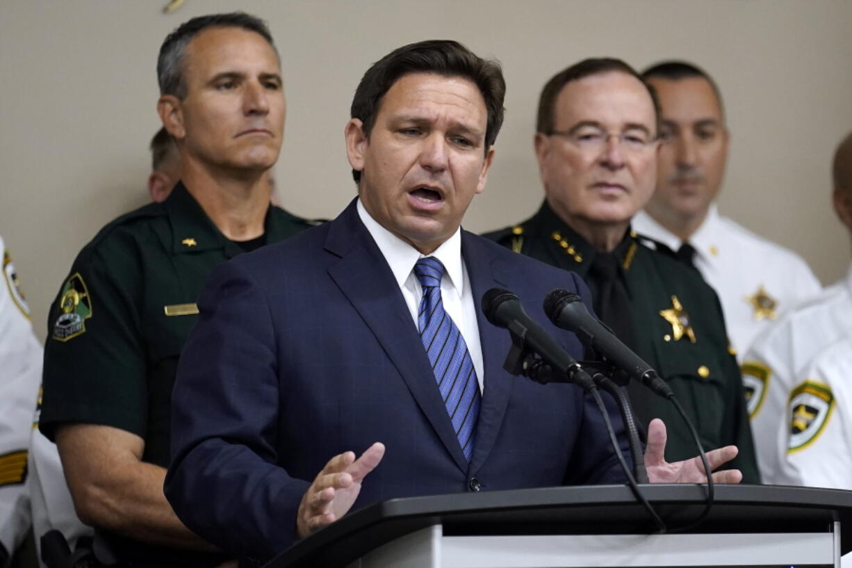 Florida Gov. Ron DeSantis gestures as he speaks during a news conference Thursday, Aug. 4, 2022, in Tampa, Fla.