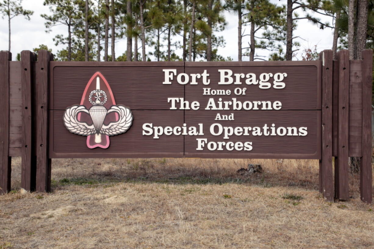 FILE - Fort Bragg is seen on Feb. 3, 2022, in Fort Bragg, N.C. An independent commission said Monday, Aug. 8, 2022 that renaming nine U.S. Army posts that commemorate Confederate officers would cost $21 million. The name changes would lead to the rebranding of everything from welcome marquees and road signs to water towers and hospital doors.