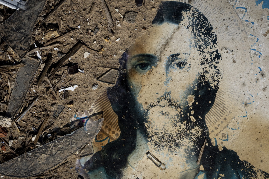 An icon lies in the debris of a church which was destroyed after Russian attack at the frontline in Mykolaiv region, Ukraine, on Monday, Aug. 8, 2022.