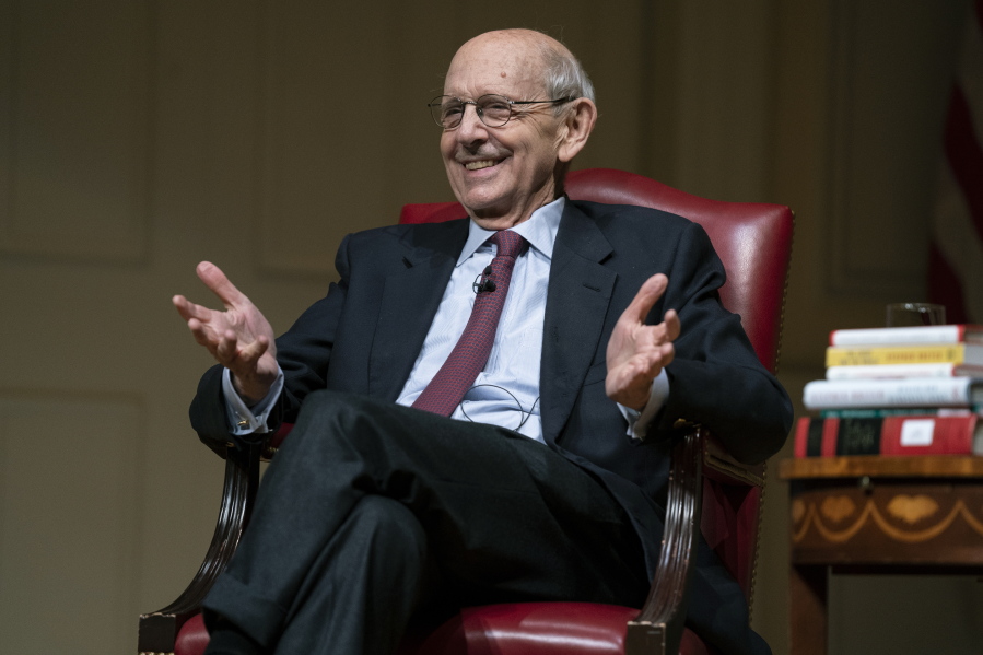 FILE - Then-Supreme Court Justice Stephen Breyer speaks during an event at the Library of Congress for the 2022 Supreme Court Fellows Program hosted by the Law Library of Congress, Feb. 17, 2022, in Washington. Breyer has become the honorary co-chairman of a nonpartisan group devoted to education about the Constitution. Breyer joins Justice Neil Gorsuch at a time of intense political polarization and rising skepticism about the court's independence.