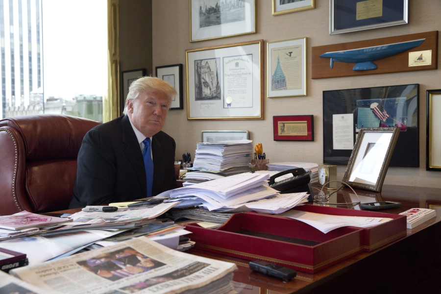 FILE - Then-Republican presidential candidate Donald Trump is photographed during an interview with The Associated Press in his office at Trump Tower in New York, May 10, 2016. The legal investigation into former President Donald Trump's handling of sensitive information is the culmination of a lifelong habit of collecting memorabilia, disregard of rules governing recordkeeping and a chaotic transition of his own making after refuse to accept defeat in 2020.