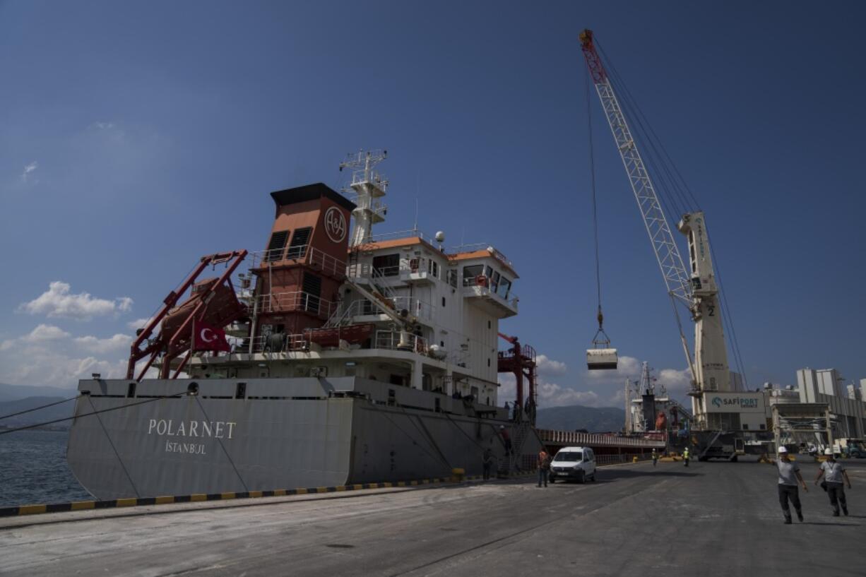 The cargo ship Polarnet arrives to Derince port in the Gulf of Izmit, Turkey, Monday Aug. 8, 2022. The first of the ships to leave Ukraine under a deal to unblock grain supplies amid the threat of a global food crisis arrived at its destination in Turkey on Monday.