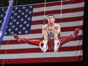 Brody Malone competes on the rings during the U.S. Gymnastics Championships, Saturday, Aug.