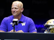 FILE - Washington head coach Kalen DeBoer speaks during Pac-12 Conference men's NCAA college football media day Friday, July 29, 2022, in Los Angeles. Washington is set to kick off its season on Sept. 3, 2022, against Kent State.