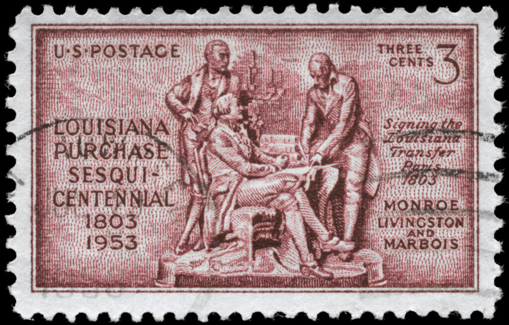 A Stamp printed in USA devoted to Louisiana Purchase, 150th Anniversary, shows the statues of Monroe, Livingston and Marbois, circa 1953.