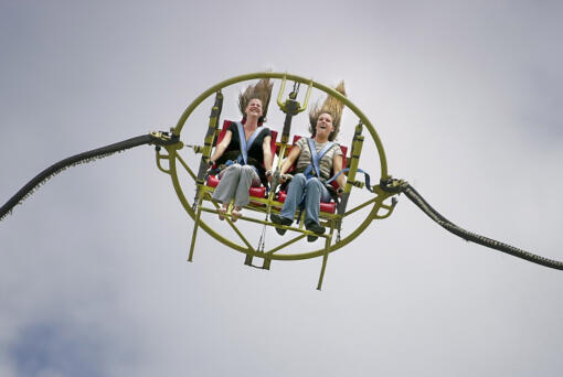 The Slingshot hurls riders high into the air at the Clark County Fair.