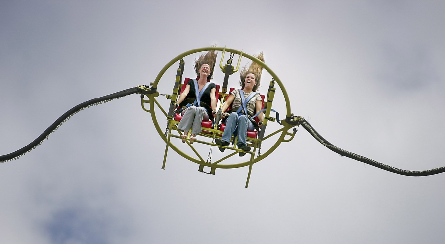 The Slingshot hurls riders high into the air at the Clark County Fair.