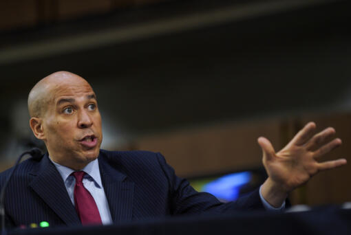 Sen. Cory Booker (D-NJ) asks questions during Attorney General nominee Merrick Garland's confirmation hearing before the Senate Judiciary Committee in the Hart Senate Office Building on February 22, 2021, in Washington, DC.