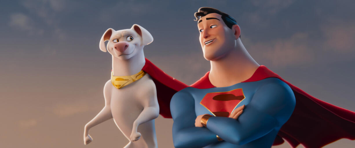 Krypto (Dwayne Johnson) and Superman (John Krasinski) in "DC League of Super-Pets." (Courtesy Warner Bros.