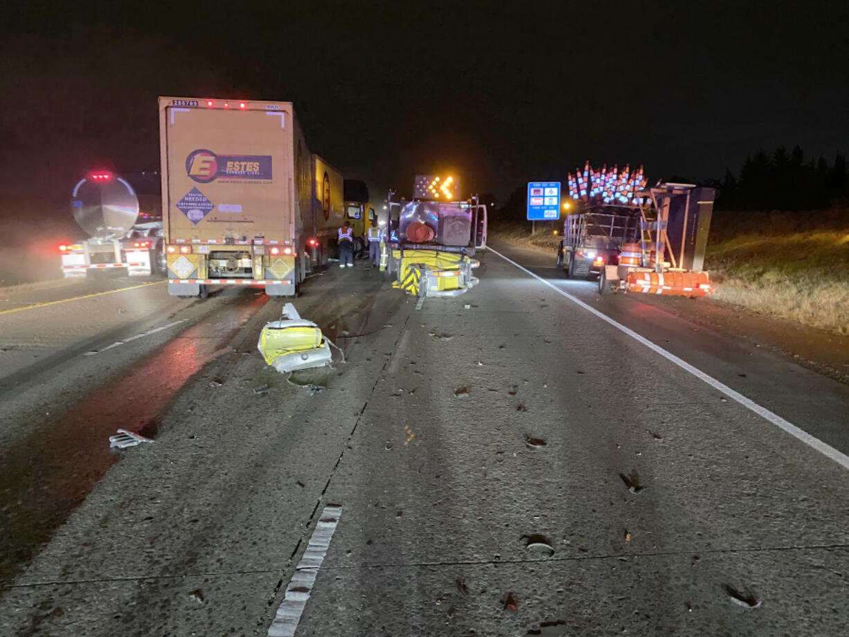 A crash at a construction zone at the junction of Interstate 205 and state Highway 500 Thursday morning. Investigators said a Vancouver man failed to yield and crashed a semitruck into the rear of an attenuator truck.