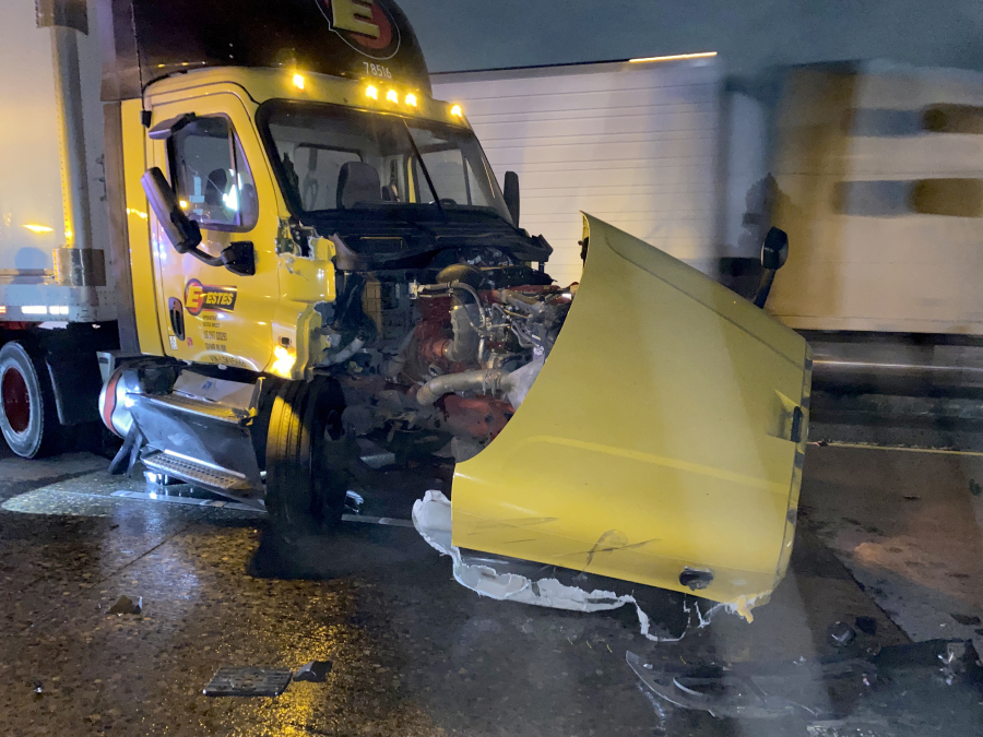 A semitruck driven by a Vancouver man after it crashed into the back of an attenuator truck warning of a construction zone Sept. 15, 2022, at the junction of Interstate 205 and state Highway 500. No one was reportedly injured.