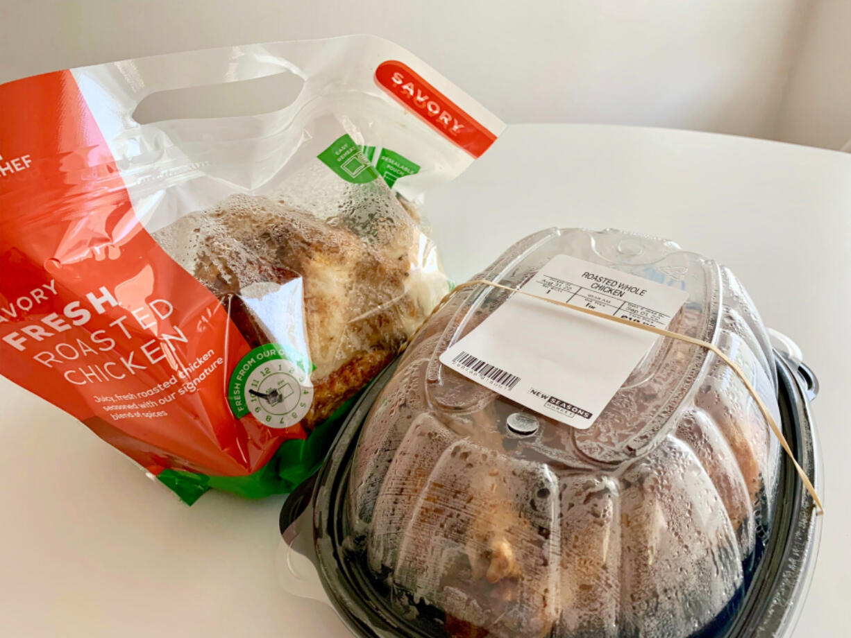The bagged chicken is from Fred Meyer, the one in the clamshell is from New Seasons. Grocery store rotisserie chicken is convenient, but not all are created equally.