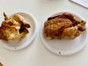 Fred Meyer rotisserie chicken, left, New Seasons, right.