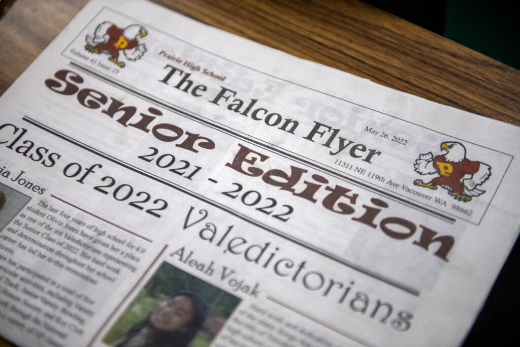 A print edition of The Falcon Flyer, published in May 2022, is pictured during journalism class at Prairie High School on Tuesday morning, Sept. 20, 2022.