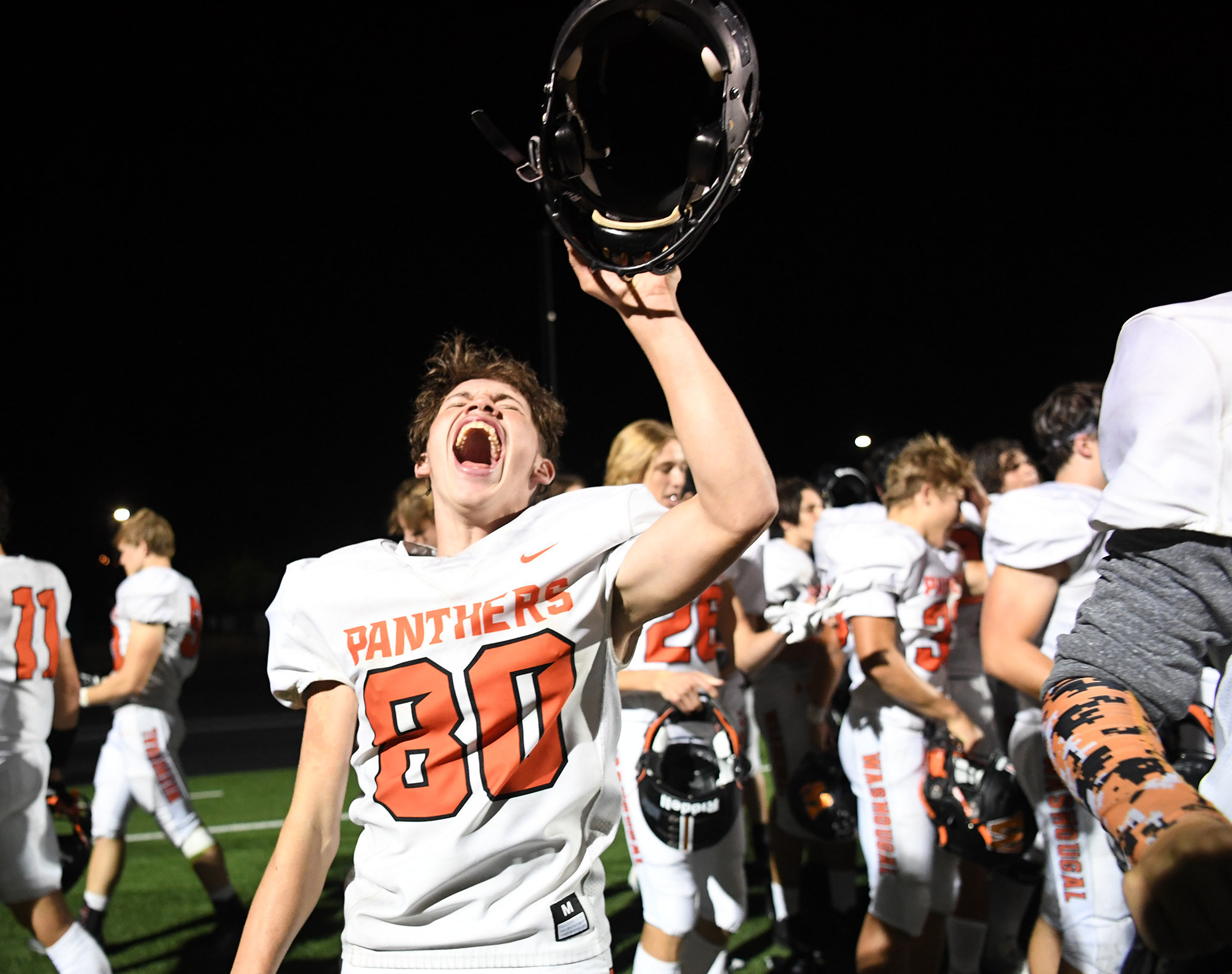 Washougal senior Josiah Aiton lets out a triumphant yell Friday, Sept. 30, 2022, after the Panthers’ 34-27 win against Ridgefield at Ridgefield High School.