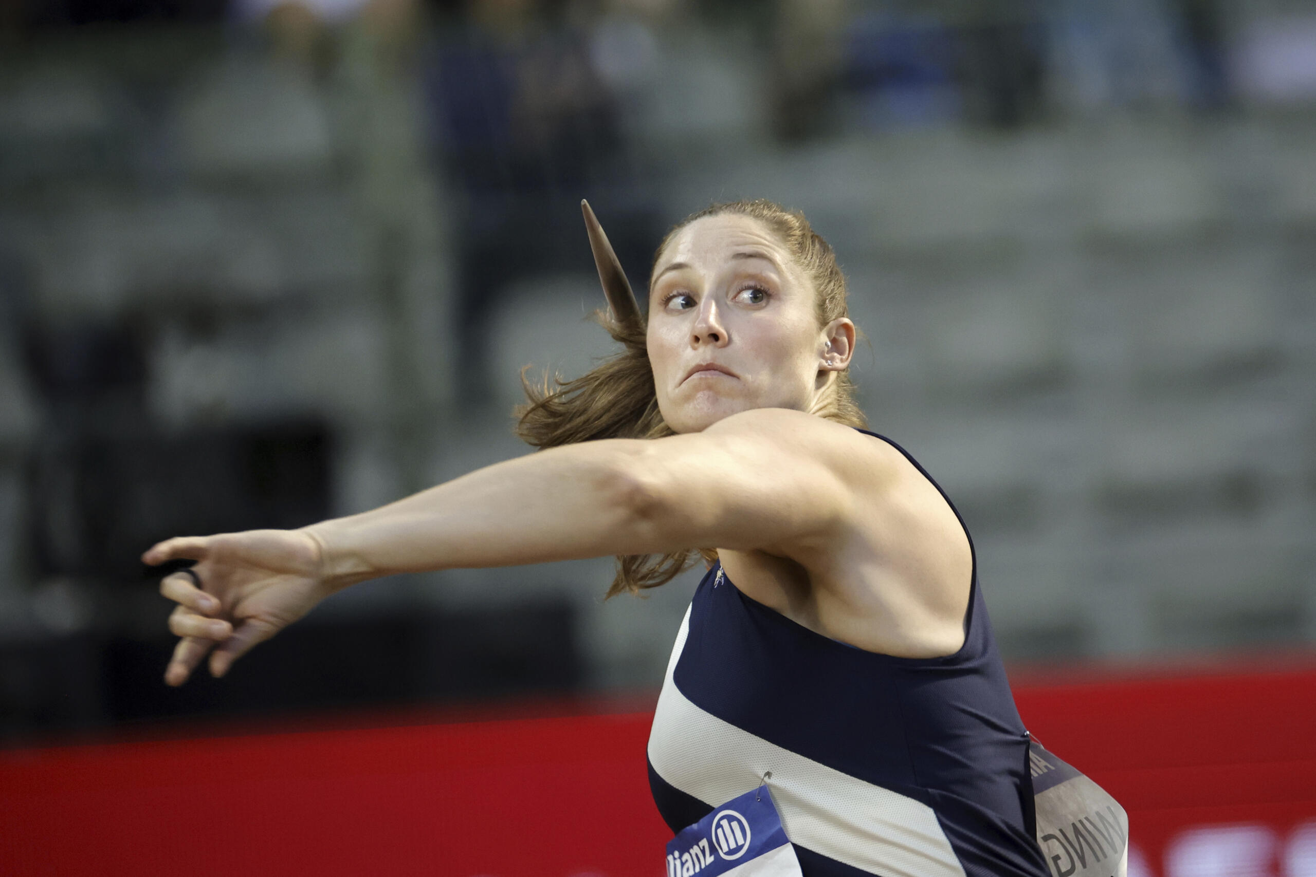United States Kara Winger competes during the women's javelin throw at the Diamond League Memorial Van Damme athletics event at the King Baudouin stadium, Brussels, Friday, Sept. 2, 2022.