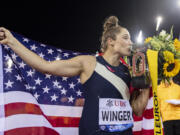 Kara Winger of the United States celebrates after winning the Javelin Throw Women during the Weltklasse IAAF Diamond League international athletics meeting at the Letzigrund stadium in Zurich, Switzerland, Thursday, Sept. 8, 2022.