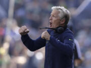 Seattle Seahawks head coach Pete Carroll reacts during the first half of an NFL football game against the Atlanta Falcons, Sunday, Sept. 25, 2022, in Seattle.