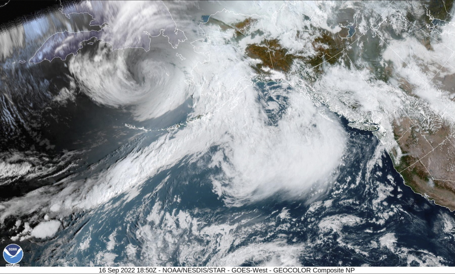 This image provided by the National Hurricane Center and Central Pacific Hurricane Center/National Oceanic and Atmospheric Administration shows a satellite view over Alaska, Friday, Sept. 16, 2022.