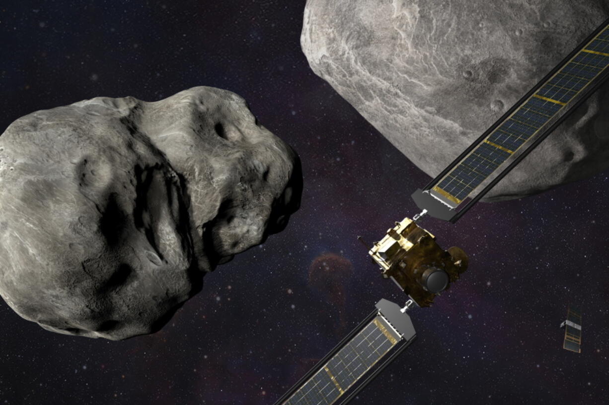 This illustration depicts NASA's DART probe, foreground right, and Italian Space Agency's LICIACube, bottom right, at the Didymos system before impact with the asteroid Dimorphos, left.