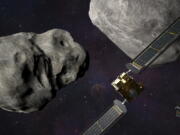 This illustration depicts NASA's DART probe, foreground right, and Italian Space Agency's LICIACube, bottom right, at the Didymos system before impact with the asteroid Dimorphos, left.