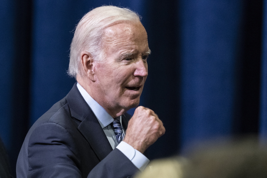 President Joe Biden reacts as he departs after speaking at a Democratic National Committee event at the Gaylord National Resort and Convention Center, Thursday, Sept. 8, 2022, in Oxon Hill, Md.