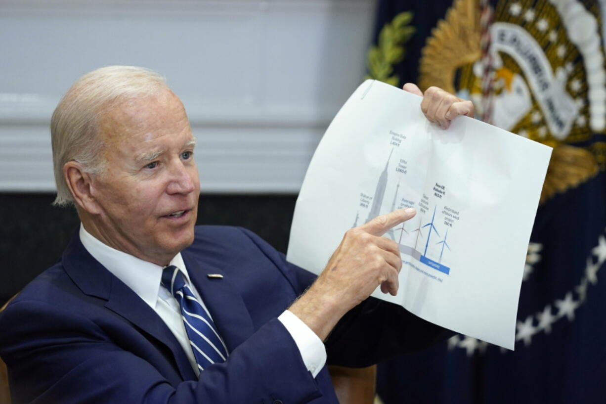 FILE - President Joe Biden shows a wind turbine size comparison chart during a meeting in the Roosevelt Room of the White House in Washington, June 23, 2022, with governors, labor leaders, and private companies launching the Federal-State Offshore Wind Implementation Partnership. The Biden administration says it will hold its first offshore wind auction next month. It's offering nearly 500,000 acres off the coast of New York and New Jersey for wind energy projects that could produce enough electricity to power nearly 2 million homes.