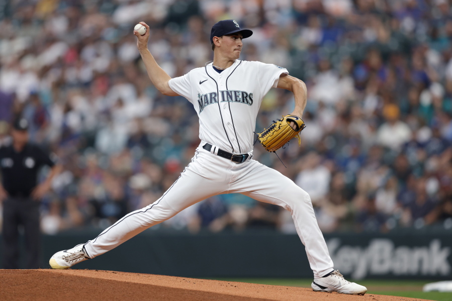 Seattle Mariners starting pitcher George Kirby works against the Atlanta Braves during the first inning of a baseball game, Saturday, Sept. 10, 2022, in Seattle.