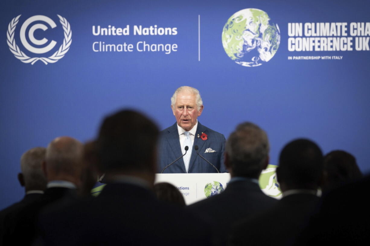 FILE - Britain's then-Prince Charles addresses a Commonwealth Leaders' Reception, at the COP26 Summit, at the SECC in Glasgow, Scotland, Nov. 2, 2021. Now that he's monarch, King Charles III -- one of Britain's most prominent environmental voices -- will be have to be more careful with his words.