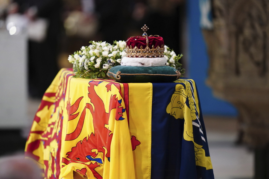 The Crown of Scotland sits atop the coffin of Queen Elizabeth II during a Service of Prayer and Reflection for her life at St Giles' Cathedral, Edinburgh, Monday, Sept. 12, 2022.