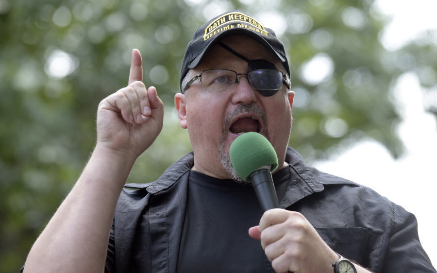 FILE - Stewart Rhodes, founder of the Oath Keepers, speaks during a rally outside the White House in Washington, June 25, 2017. Jury selection is expected to get underway Tuesday in one of the most serious cases to emerge from the Jan. 6, 2021 attack on the U.S.