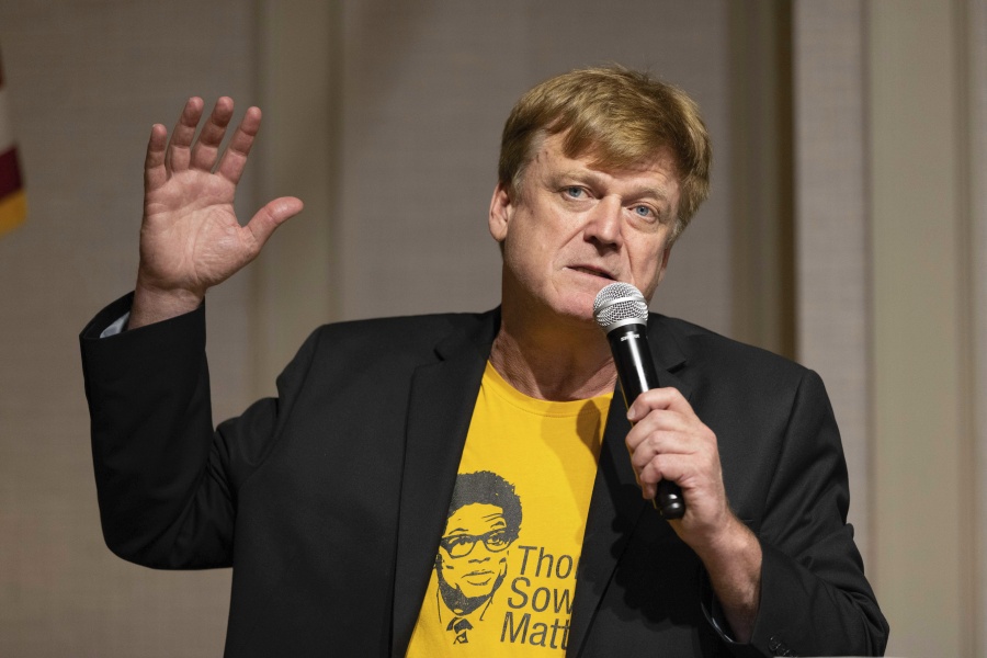 Patrick Byrne speaks during a panel discussion at the Nebraska Election Integrity Forum on Saturday, Aug. 27, 2022, in Omaha, Neb. (AP Photo/Rebecca S.