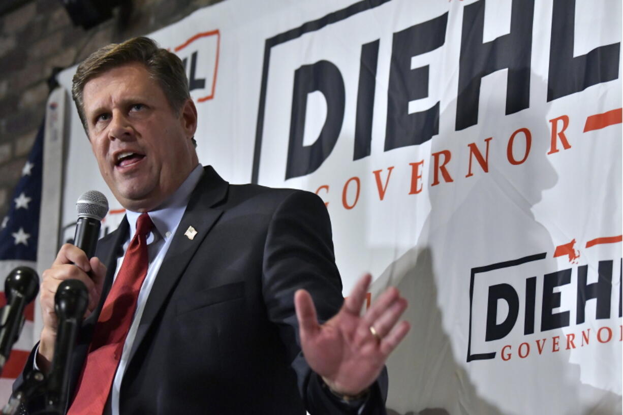 Massachusetts Republican gubernatorial candidate Geoff Diehl speaks to reporters at his primary night victory party, Tuesday, Sept. 6, 2022, in Weymouth, Mass. Diehl, a former GOP state representative from Whitman, Mass. endorsed by Donald Trump, beat businessman Chris Doughty for the chance to replace incumbent Republican Gov. Charlie Baker, who's opted not to seek a third term.