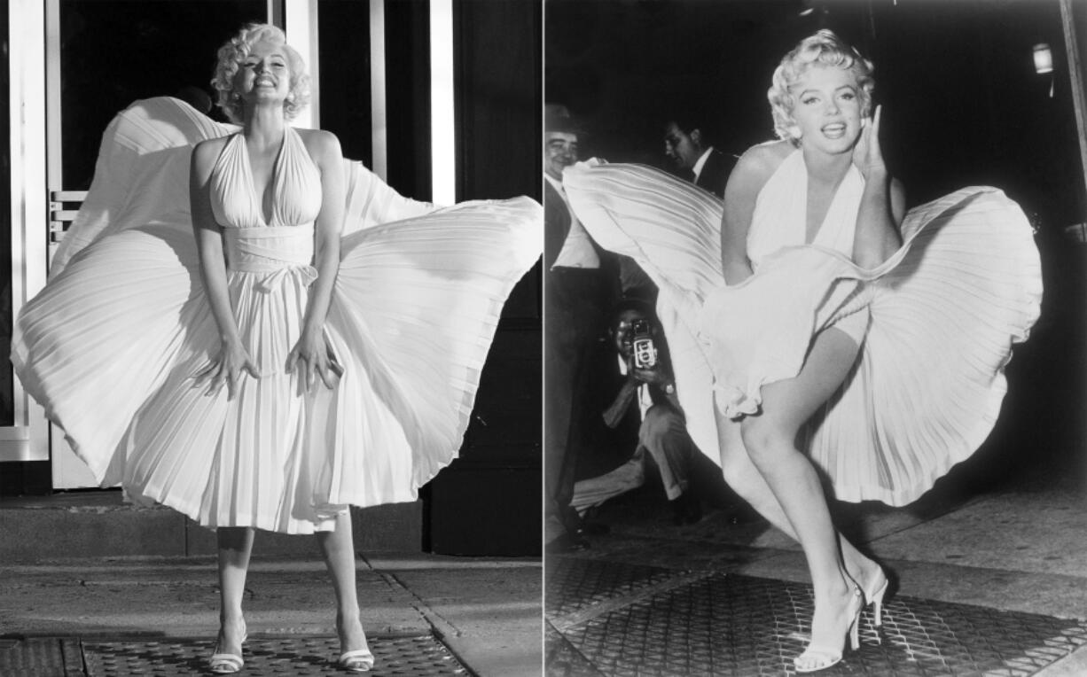 This combination of photos shows Ana de Armas as Marilyn Monroe in a scene from "Blonde," left, and Marilyn Monroe posing on a subway grate while filming "The Seven Year Itch" in New York on Sept. 9, 1954.