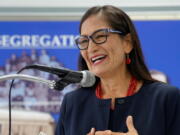Interior Secretary Deb Haaland speaks during a news conference on Tuesday, Sept. 27, 2022, in Summerton, S.C. Haaland was in South Carolina to visit two schools where litigation over segregation led to the Supreme Court's historic Brown v. Board decision in 1954 declaring segregated schools unconstitutional.