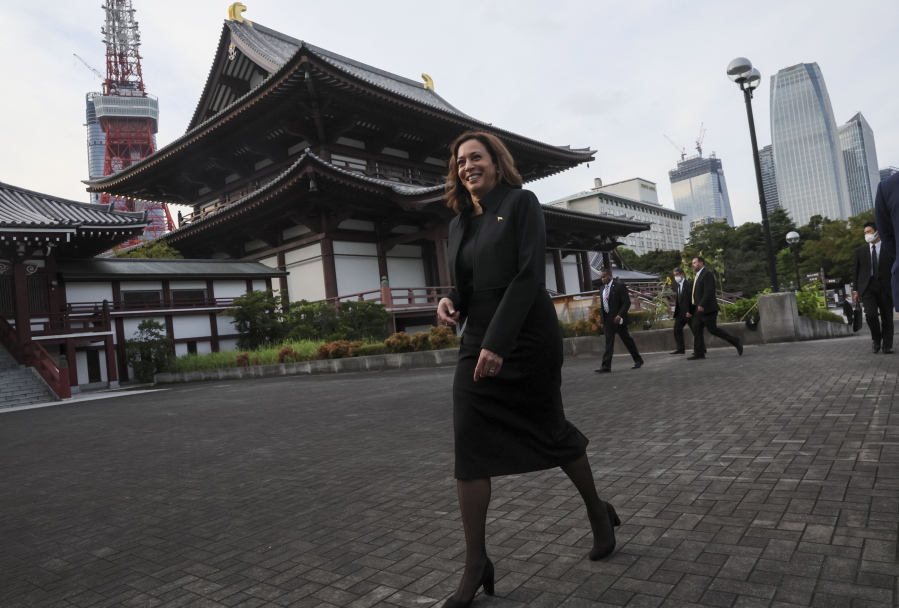 U.S. Vice President Kamala Harris visits Zojoji Temple on the day of the state funeral for former Prime Minister Shinzo Abe, Tuesday, Sept. 27, 2022, in Tokyo.