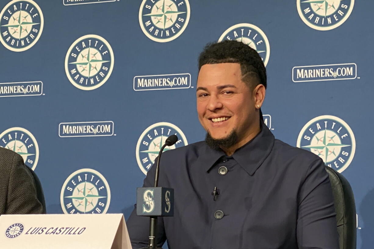 Seattle Mariners pitcher Luis Castillo smiles during a baseball news conference in Seattle, Monday, Sept. 26, 2022.