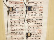 This photo provided by Will Sideri shows a 700-year-old manuscript that was used in the Beauvais Cathedral in France. Sideri bought the medieval manuscript for $75 at an estate sale on Sept. 3, 2022, in Waterville, Maine. An expert on manuscripts said the document, first reported by the Maine Monitor, could be worth as much as $10,000.