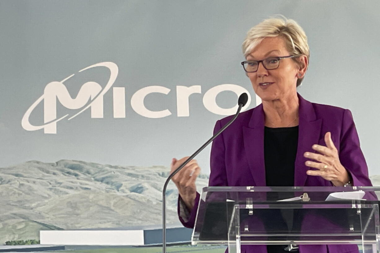 Energy Secretary Jennifer Granholm speaks at a groundbreaking ceremony for Micron's planned $15 billion semiconductor plant in Boise, Idaho, Monday, Sept. 12, 2022, and said that America needs to start making thinks with American parts and American labor. Granholm took part Monday in the groundbreaking for what by the end of the decade is expected to be the largest chipmaking cleanroom in the United States, covering 10 football fields and creating 17,000 American jobs.
