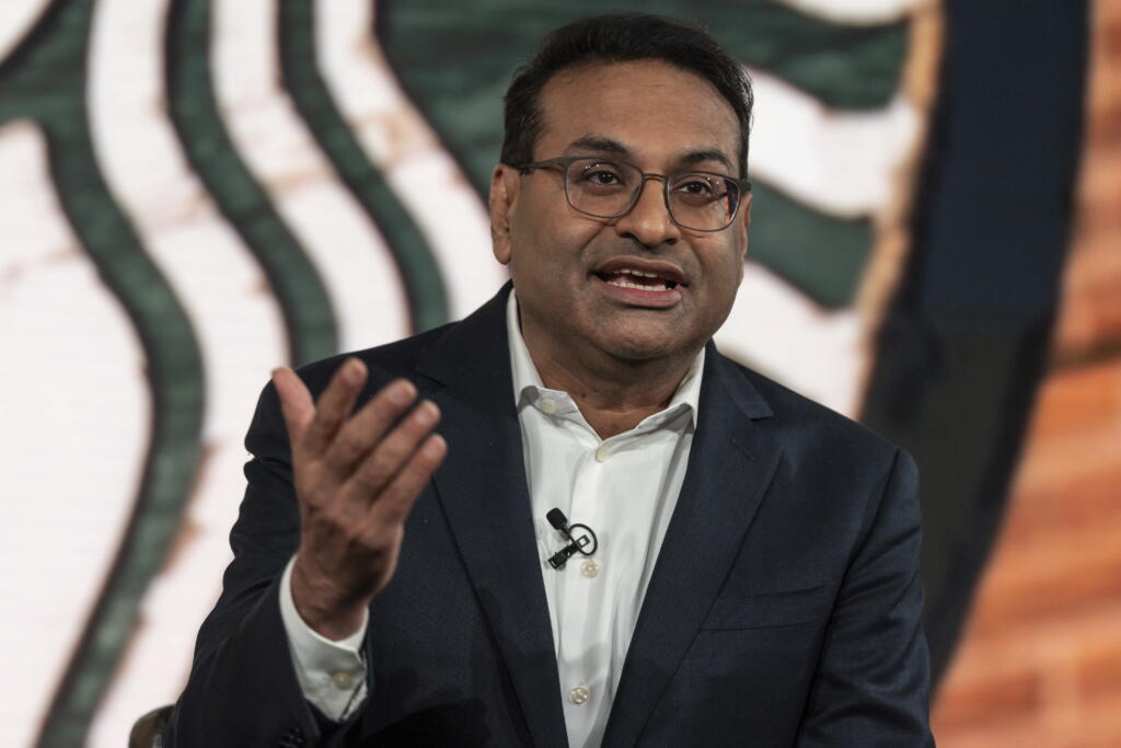 Incoming chief executive officer Laxman Narasimhan speaks from the stage during Starbucks Investor Day, Tuesday, Sept. 13, 2022, in Seattle.