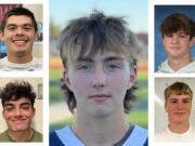 Week 1 football player of the week Brayden Schiefer of King's Way Christian (center) with other nominees (clockwise from upper left) Mateo Varona of Hudson's Bay, Elijah Andersen of Woodland, Payton Stewart of Kelso and AJ Attaran of Union