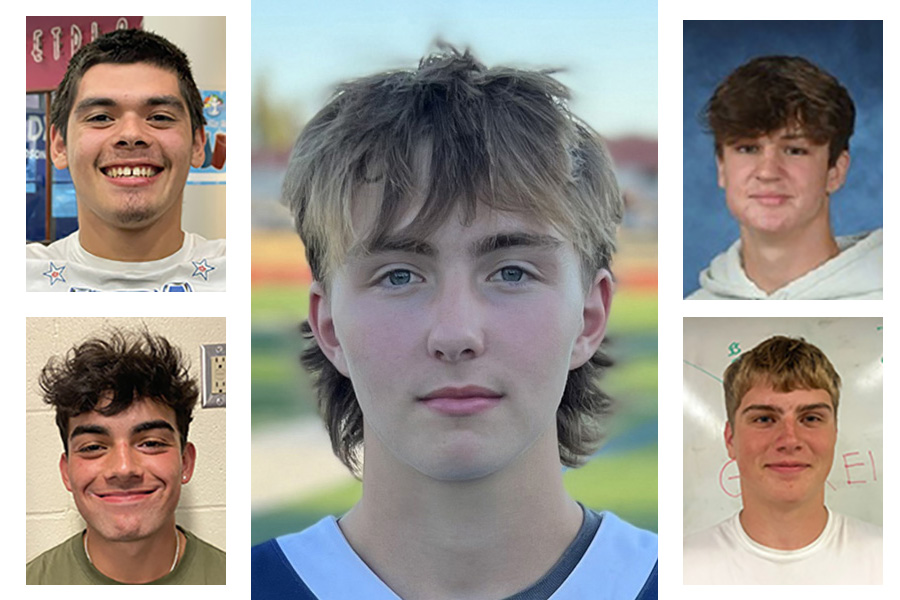Week 1 football player of the week Brayden Schiefer of King's Way Christian (center) with other nominees (clockwise from upper left) Mateo Varona of Hudson's Bay, Elijah Andersen of Woodland, Payton Stewart of Kelso and AJ Attaran of Union