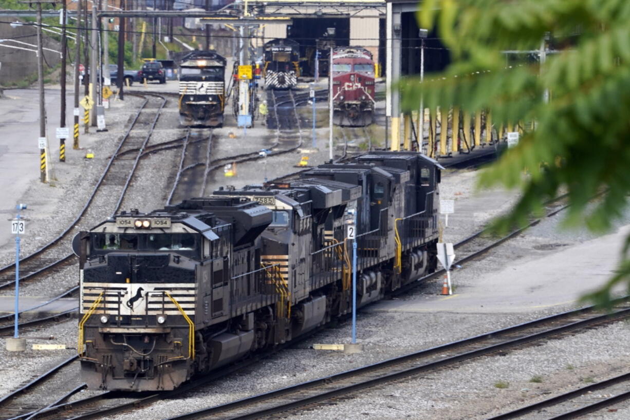 Norfolk Southern locomotives are moved in the Conway Terminal in Conway, Pa., Thursday, Sept. 15, 2022. (AP Photo/Gene J.