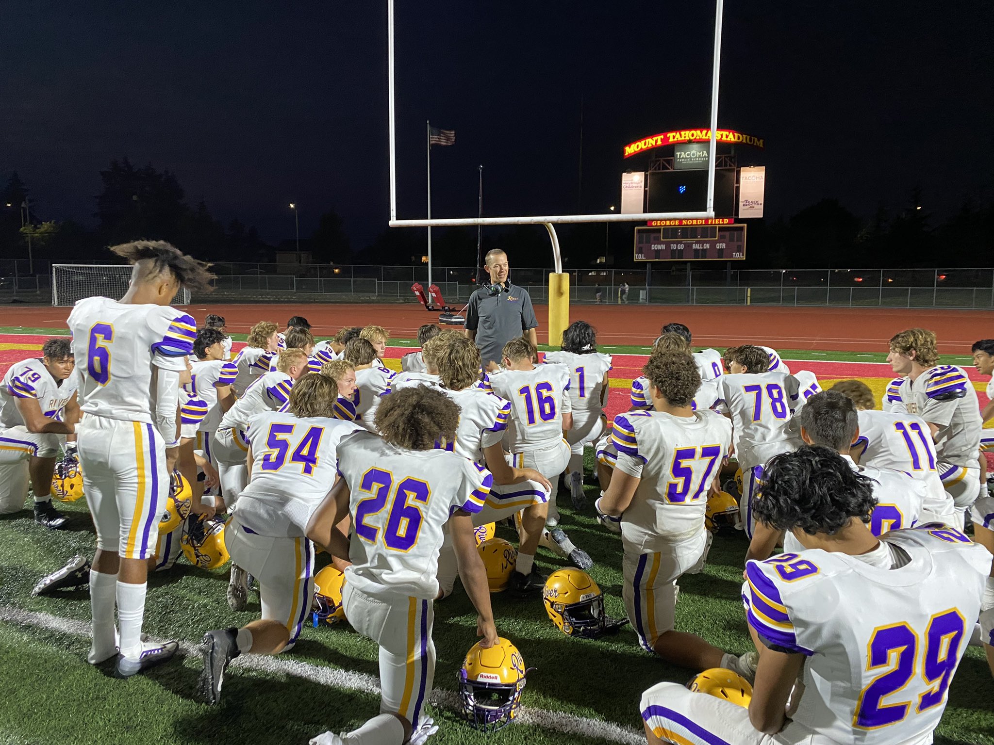 Coach Brett Smedley talks to his players after a 34-6 win over Foss on Friday, Sept. 2, 2022.