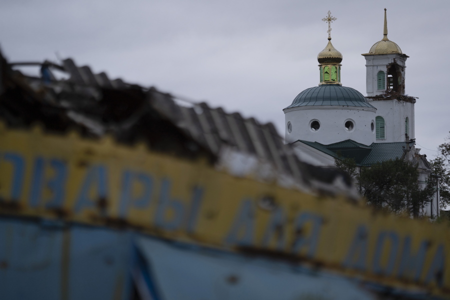 A damaged church is seen in the freed village of Hrakove, Ukraine, Tuesday, Sept. 13, 2022.